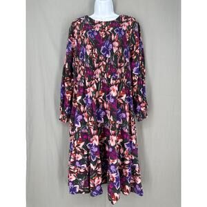 Terra Sky Dress Womens 2X Purple Floral Midi Green Boho Tiered Cottage Pockets